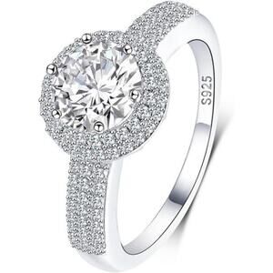 18K White Gold Plated Sterling Silver Round Halo Cubic Zirconia Eternity Ring